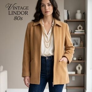 Vintage 80s Lindor Camel Cashmere Wool Blend Zip Jacket Coat 12